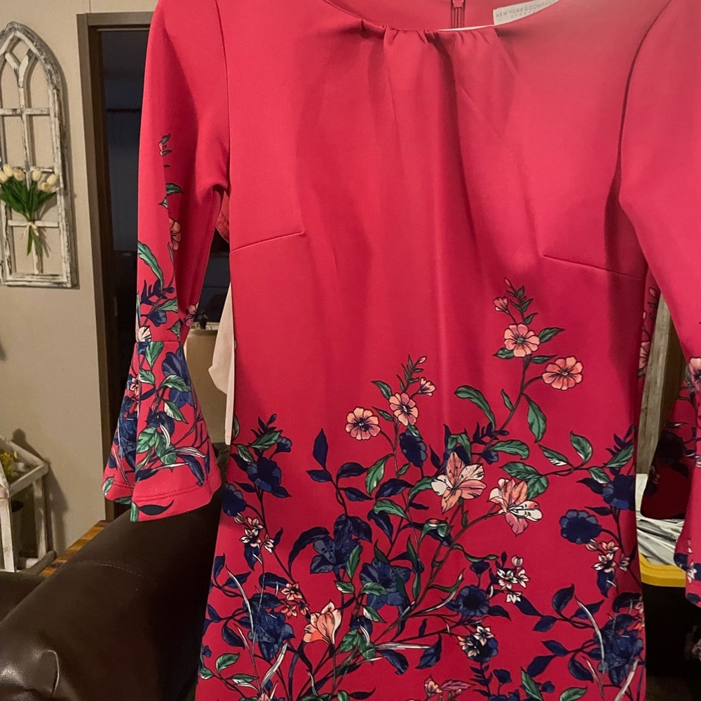 New York & Company Pink Floral Long Sleeve Dress